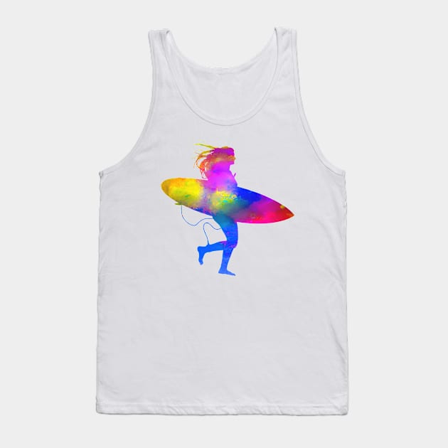 Running Woman on Beach with Surfboard Tank Top by AKdesign